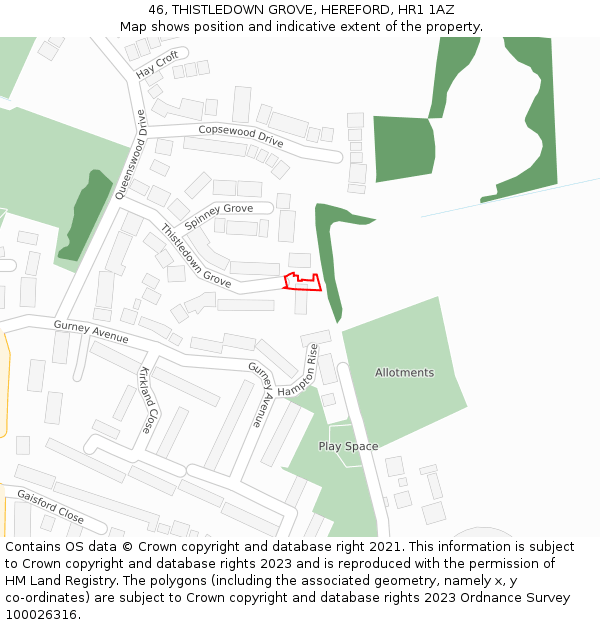 46, THISTLEDOWN GROVE, HEREFORD, HR1 1AZ: Location map and indicative extent of plot