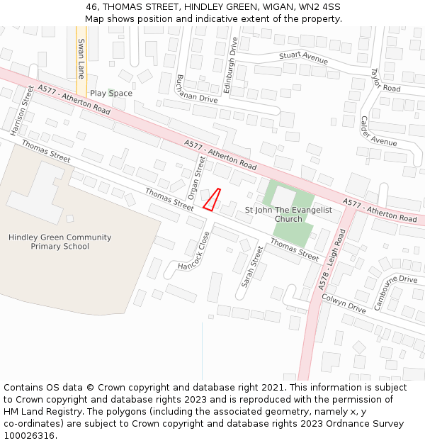 46, THOMAS STREET, HINDLEY GREEN, WIGAN, WN2 4SS: Location map and indicative extent of plot