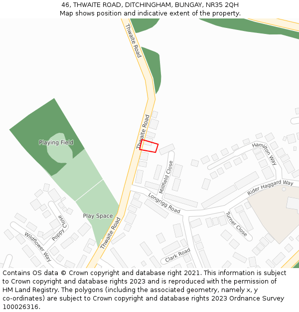 46, THWAITE ROAD, DITCHINGHAM, BUNGAY, NR35 2QH: Location map and indicative extent of plot