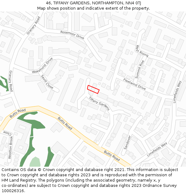 46, TIFFANY GARDENS, NORTHAMPTON, NN4 0TJ: Location map and indicative extent of plot