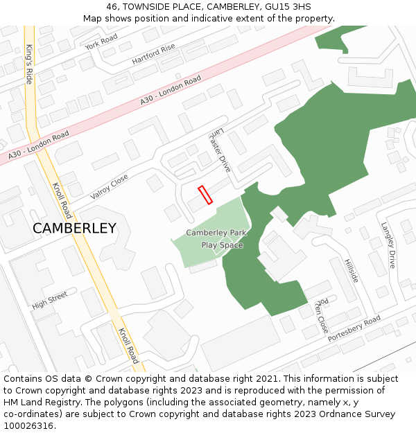 46, TOWNSIDE PLACE, CAMBERLEY, GU15 3HS: Location map and indicative extent of plot