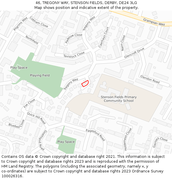 46, TREGONY WAY, STENSON FIELDS, DERBY, DE24 3LG: Location map and indicative extent of plot
