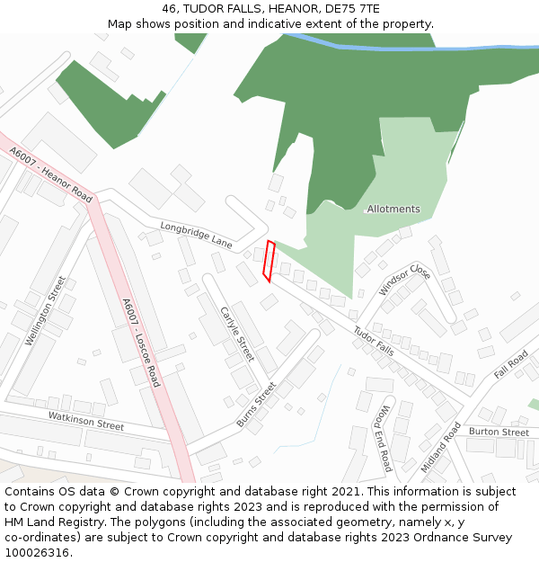 46, TUDOR FALLS, HEANOR, DE75 7TE: Location map and indicative extent of plot