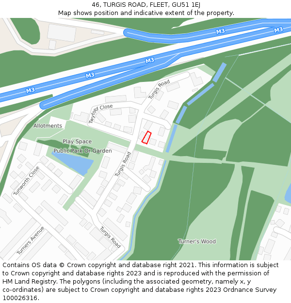 46, TURGIS ROAD, FLEET, GU51 1EJ: Location map and indicative extent of plot