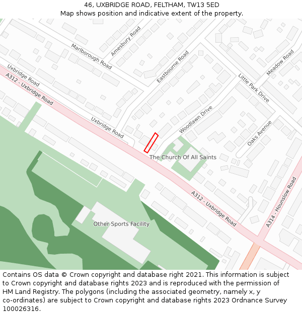 46, UXBRIDGE ROAD, FELTHAM, TW13 5ED: Location map and indicative extent of plot