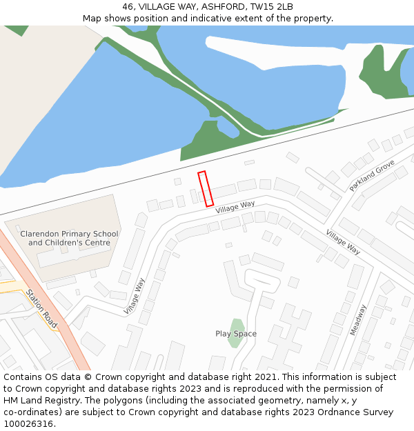 46, VILLAGE WAY, ASHFORD, TW15 2LB: Location map and indicative extent of plot