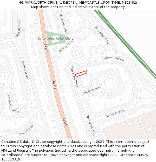 46, WARKWORTH DRIVE, WIDEOPEN, NEWCASTLE UPON TYNE, NE13 6LY: Location map and indicative extent of plot