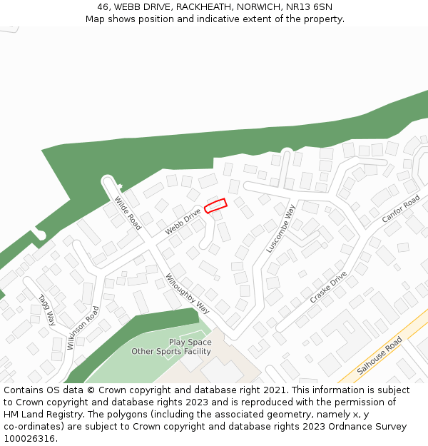 46, WEBB DRIVE, RACKHEATH, NORWICH, NR13 6SN: Location map and indicative extent of plot