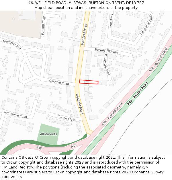 46, WELLFIELD ROAD, ALREWAS, BURTON-ON-TRENT, DE13 7EZ: Location map and indicative extent of plot