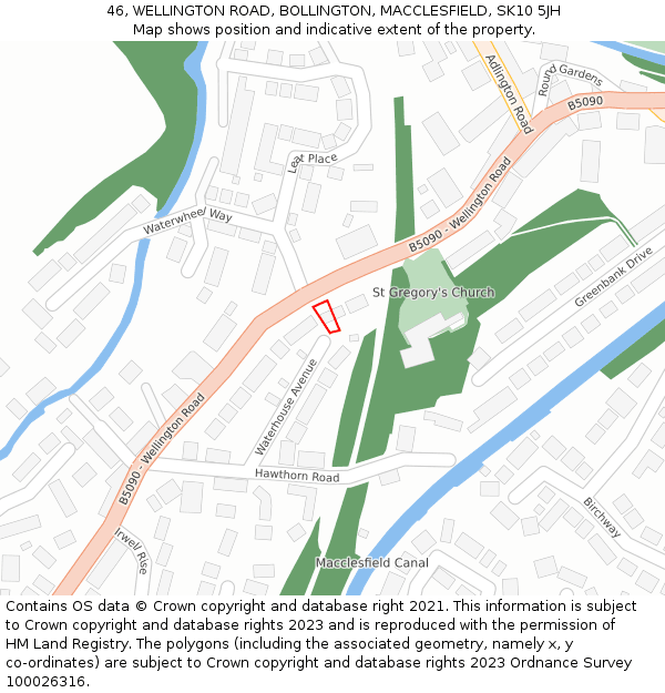 46, WELLINGTON ROAD, BOLLINGTON, MACCLESFIELD, SK10 5JH: Location map and indicative extent of plot