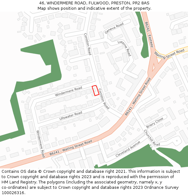 46, WINDERMERE ROAD, FULWOOD, PRESTON, PR2 8AS: Location map and indicative extent of plot