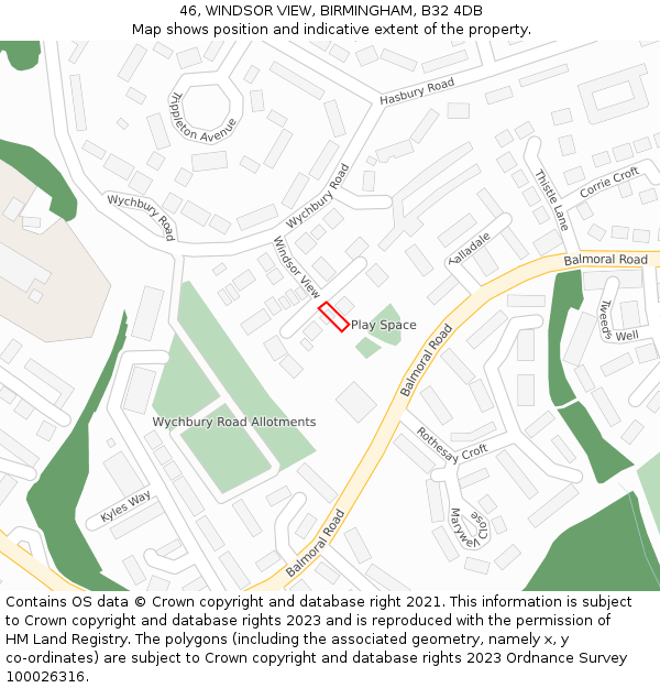46, WINDSOR VIEW, BIRMINGHAM, B32 4DB: Location map and indicative extent of plot