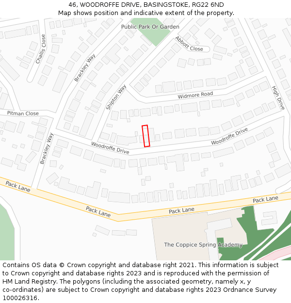 46, WOODROFFE DRIVE, BASINGSTOKE, RG22 6ND: Location map and indicative extent of plot