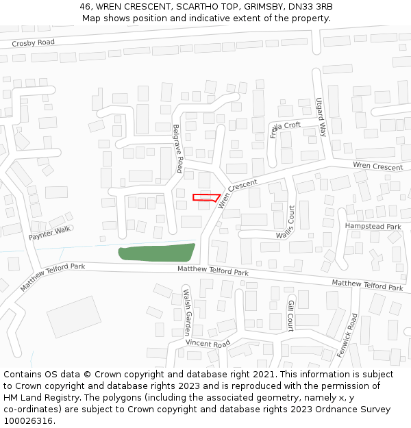 46, WREN CRESCENT, SCARTHO TOP, GRIMSBY, DN33 3RB: Location map and indicative extent of plot