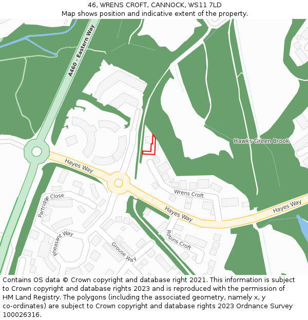 46, WRENS CROFT, CANNOCK, WS11 7LD: Location map and indicative extent of plot