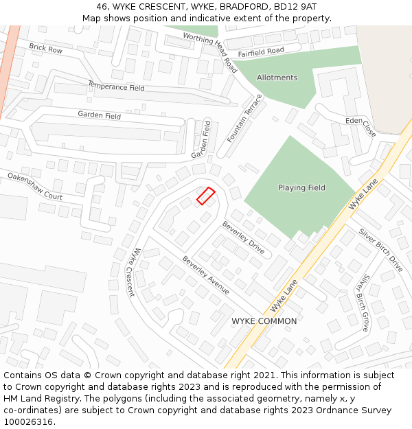 46, WYKE CRESCENT, WYKE, BRADFORD, BD12 9AT: Location map and indicative extent of plot