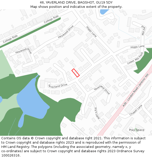 46, YAVERLAND DRIVE, BAGSHOT, GU19 5DY: Location map and indicative extent of plot