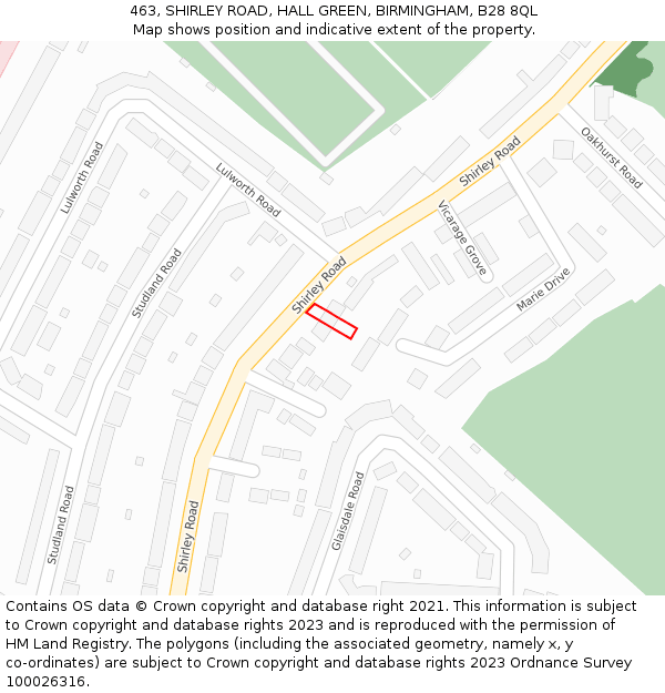 463, SHIRLEY ROAD, HALL GREEN, BIRMINGHAM, B28 8QL: Location map and indicative extent of plot