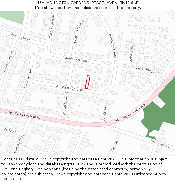 46A, ASHINGTON GARDENS, PEACEHAVEN, BN10 8UE: Location map and indicative extent of plot