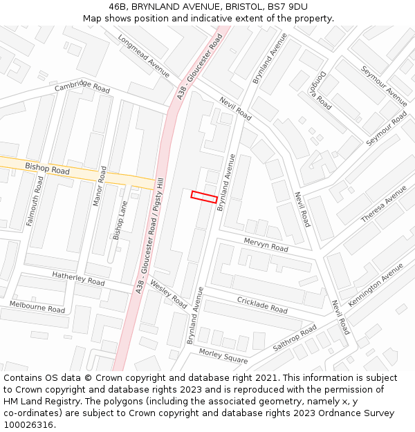 46B, BRYNLAND AVENUE, BRISTOL, BS7 9DU: Location map and indicative extent of plot