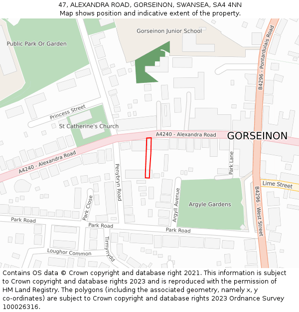 47, ALEXANDRA ROAD, GORSEINON, SWANSEA, SA4 4NN: Location map and indicative extent of plot