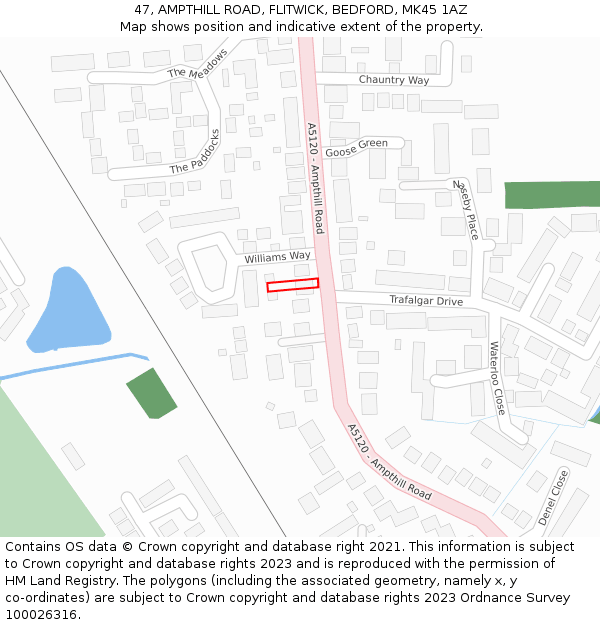 47, AMPTHILL ROAD, FLITWICK, BEDFORD, MK45 1AZ: Location map and indicative extent of plot