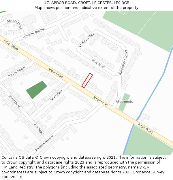 47, ARBOR ROAD, CROFT, LEICESTER, LE9 3GB: Location map and indicative extent of plot