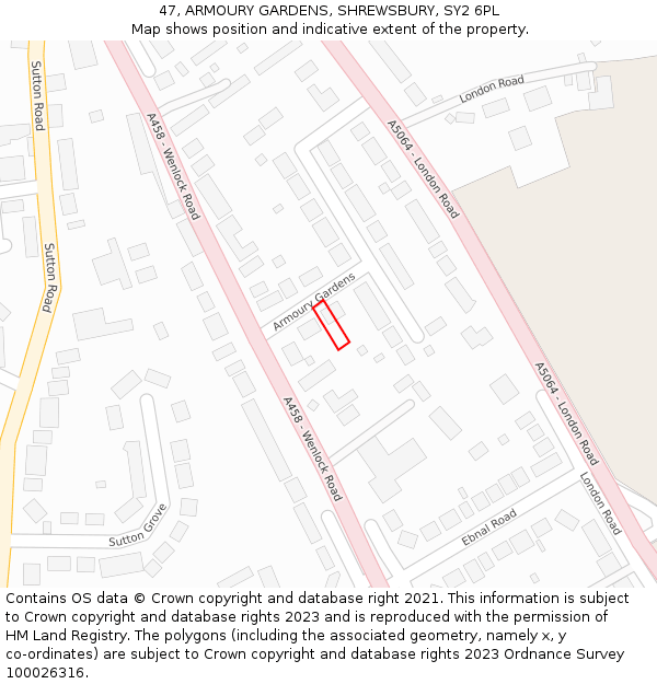 47, ARMOURY GARDENS, SHREWSBURY, SY2 6PL: Location map and indicative extent of plot