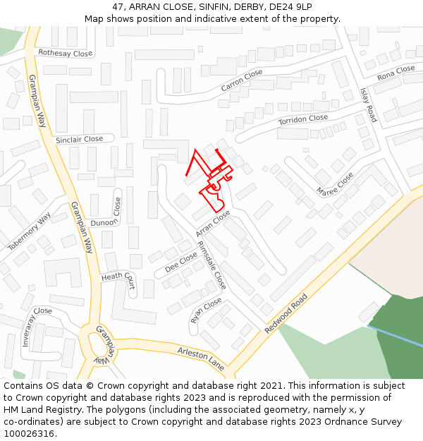 47, ARRAN CLOSE, SINFIN, DERBY, DE24 9LP: Location map and indicative extent of plot