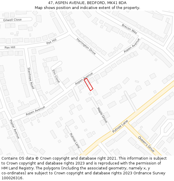 47, ASPEN AVENUE, BEDFORD, MK41 8DA: Location map and indicative extent of plot