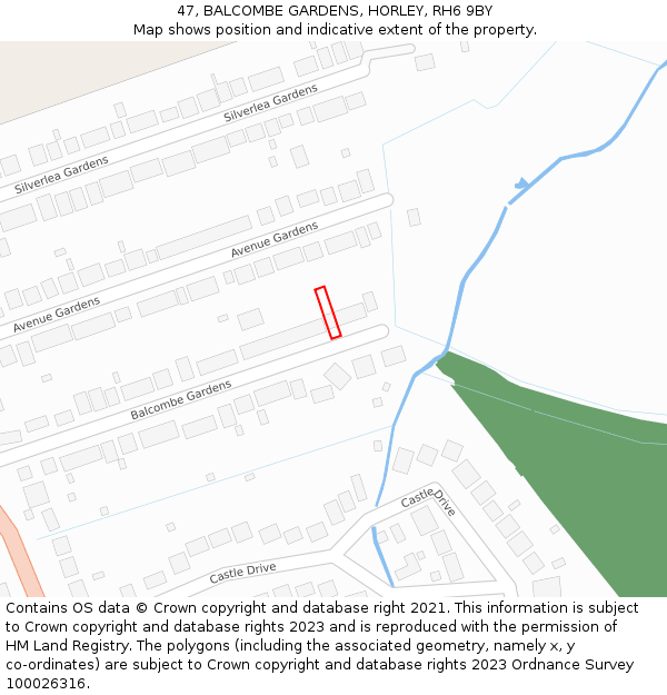 47, BALCOMBE GARDENS, HORLEY, RH6 9BY: Location map and indicative extent of plot