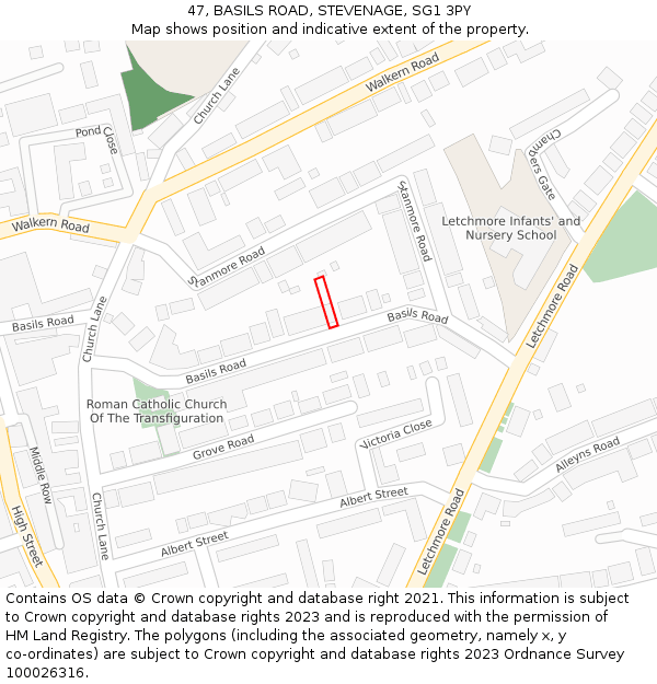 47, BASILS ROAD, STEVENAGE, SG1 3PY: Location map and indicative extent of plot