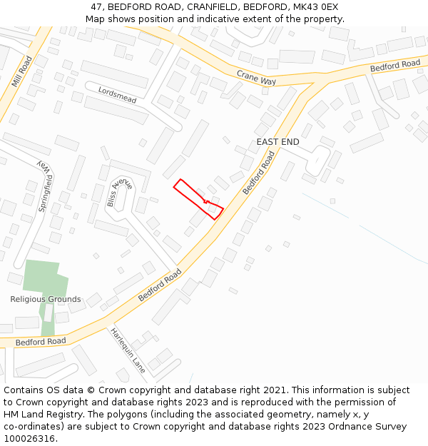 47, BEDFORD ROAD, CRANFIELD, BEDFORD, MK43 0EX: Location map and indicative extent of plot