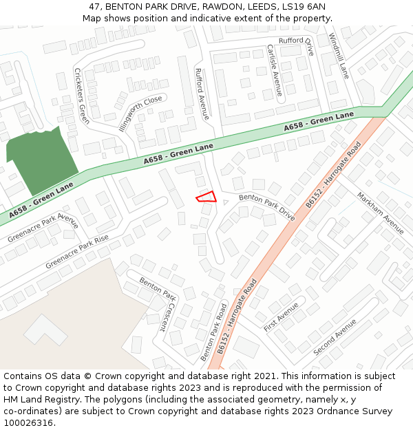 47, BENTON PARK DRIVE, RAWDON, LEEDS, LS19 6AN: Location map and indicative extent of plot