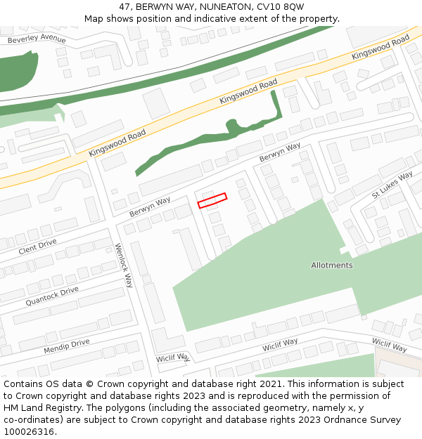 47, BERWYN WAY, NUNEATON, CV10 8QW: Location map and indicative extent of plot