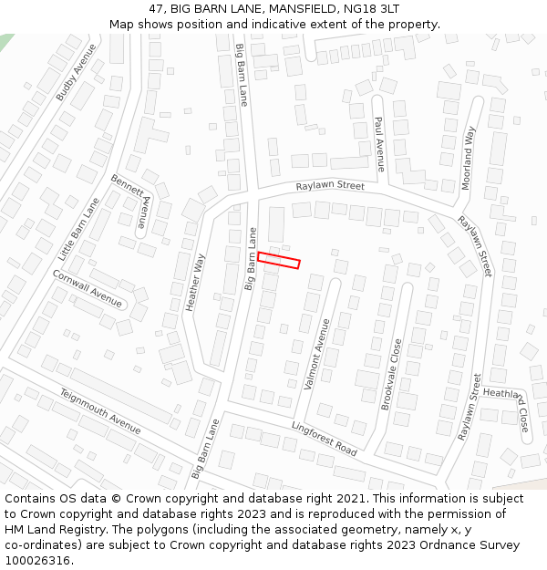 47, BIG BARN LANE, MANSFIELD, NG18 3LT: Location map and indicative extent of plot