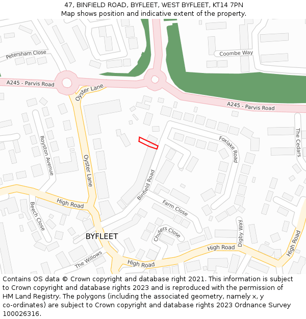 47, BINFIELD ROAD, BYFLEET, WEST BYFLEET, KT14 7PN: Location map and indicative extent of plot