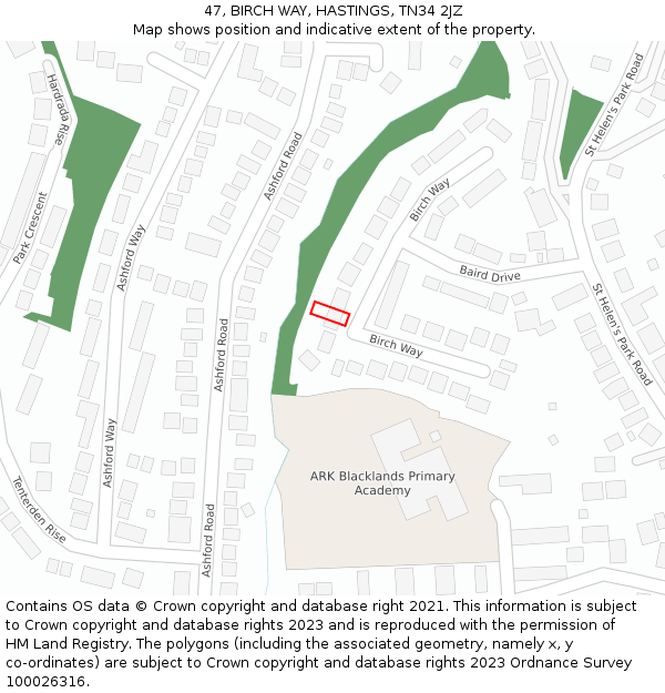 47, BIRCH WAY, HASTINGS, TN34 2JZ: Location map and indicative extent of plot