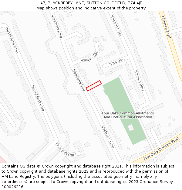 47, BLACKBERRY LANE, SUTTON COLDFIELD, B74 4JE: Location map and indicative extent of plot