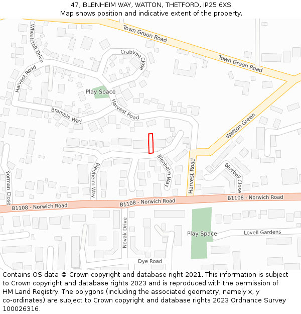 47, BLENHEIM WAY, WATTON, THETFORD, IP25 6XS: Location map and indicative extent of plot