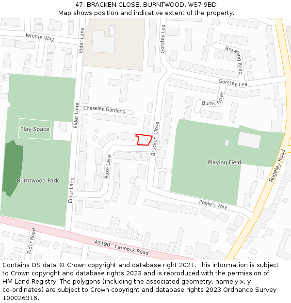 47, BRACKEN CLOSE, BURNTWOOD, WS7 9BD: Location map and indicative extent of plot