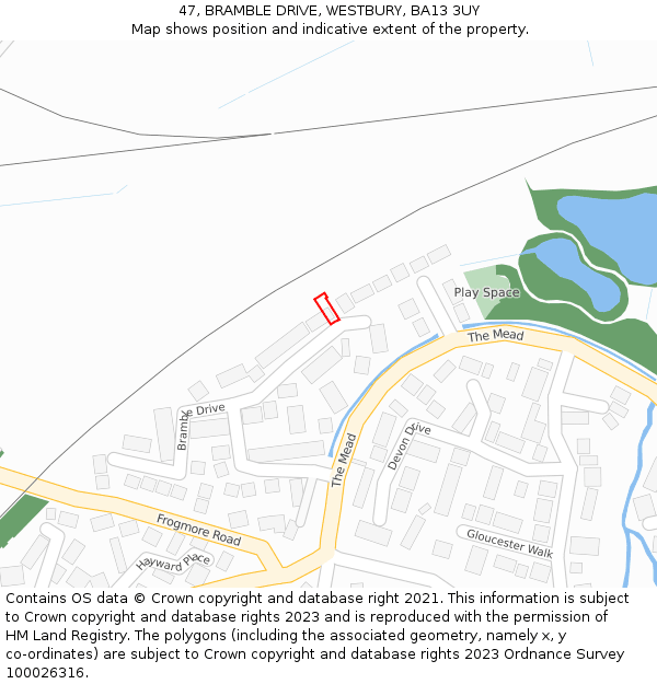 47, BRAMBLE DRIVE, WESTBURY, BA13 3UY: Location map and indicative extent of plot