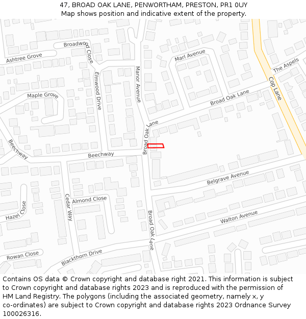 47, BROAD OAK LANE, PENWORTHAM, PRESTON, PR1 0UY: Location map and indicative extent of plot