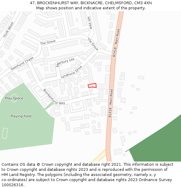 47, BROCKENHURST WAY, BICKNACRE, CHELMSFORD, CM3 4XN: Location map and indicative extent of plot