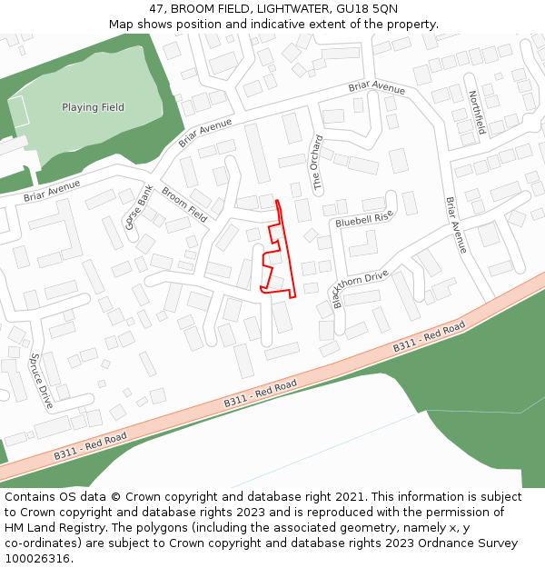 47, BROOM FIELD, LIGHTWATER, GU18 5QN: Location map and indicative extent of plot