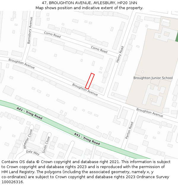 47, BROUGHTON AVENUE, AYLESBURY, HP20 1NN: Location map and indicative extent of plot