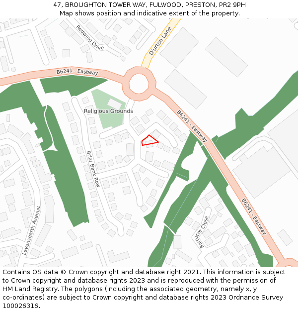 47, BROUGHTON TOWER WAY, FULWOOD, PRESTON, PR2 9PH: Location map and indicative extent of plot