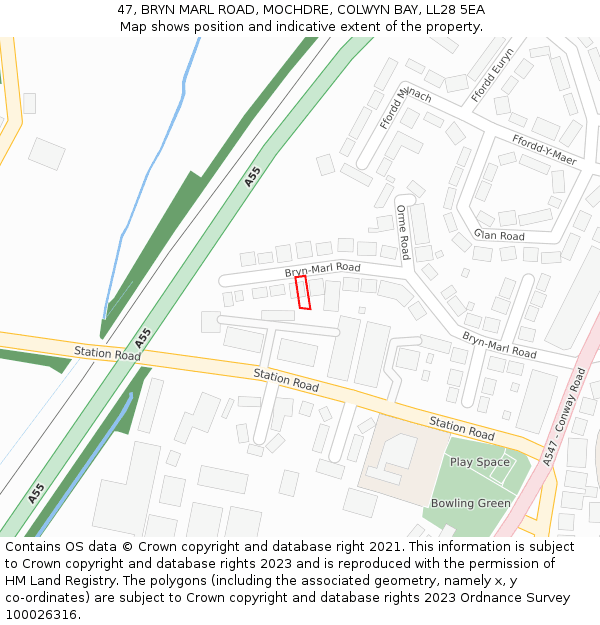 47, BRYN MARL ROAD, MOCHDRE, COLWYN BAY, LL28 5EA: Location map and indicative extent of plot