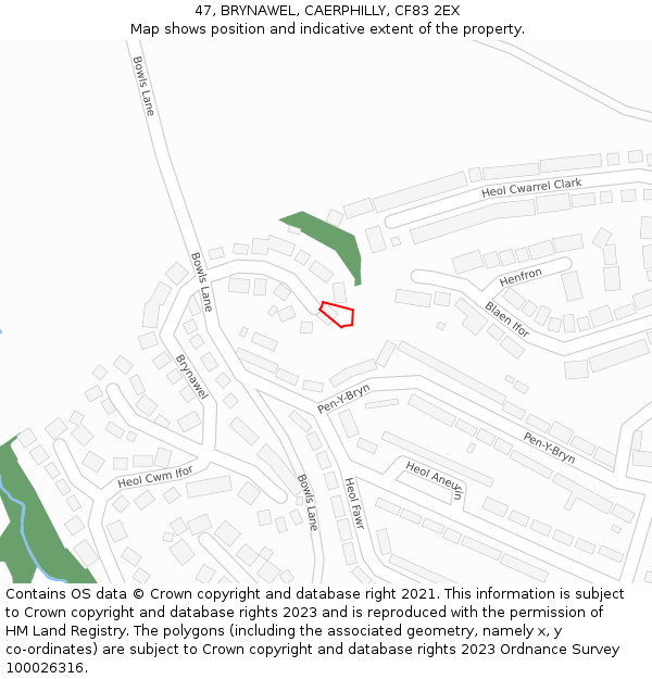 47, BRYNAWEL, CAERPHILLY, CF83 2EX: Location map and indicative extent of plot