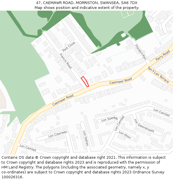 47, CAEMAWR ROAD, MORRISTON, SWANSEA, SA6 7DX: Location map and indicative extent of plot